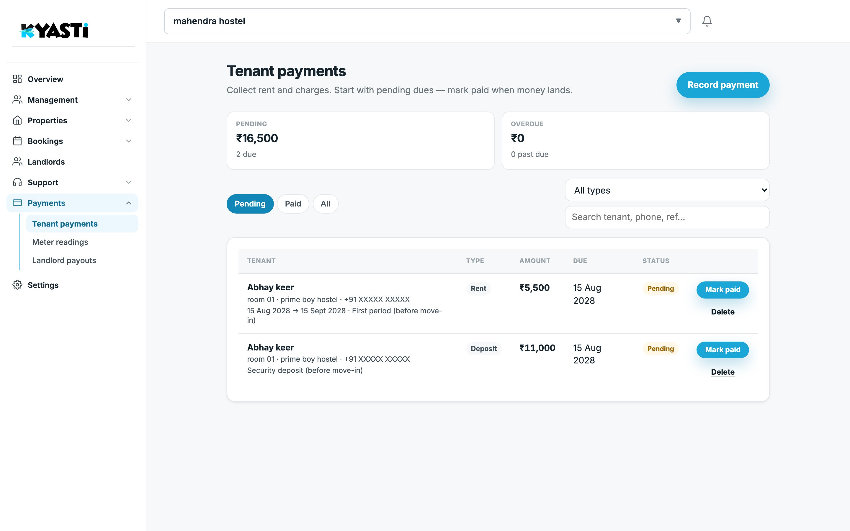 Kyasti tenant payments with pending rent and deposit